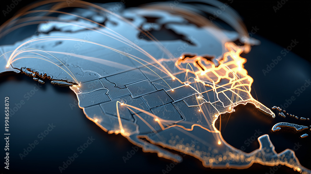 Obraz premium Digital map of North America with connecting routes representing communication networks, trade links, and regional connectivity. 