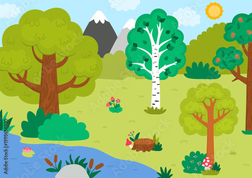 Horizontal cartoon forest border background. Empty nature woodland landscape with trees, plants, stream, birch, mountains, bushes. Wild thicket panorama scene with stump, reeds, river