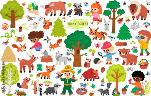 Forest animals set for kids. Vector woodland birds, insects, trees, plants collection. Cartoon children, ranger pack. Cute bear, fox, deer, elk, beaver, squirrel clipart. Woods wildlife illustration