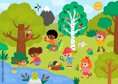 Horizontal cartoon forest background with cute kids exploring woods. Nature woodland landscape with trees, plants, birds, animals. Wildlife scene with children feeding squirrel, birdwatching, walking