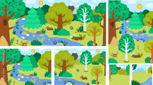Cartoon forest backgrounds set. Empty nature woodland landscapes collection with trees, plants, stream, log, bushes. Wild thicket horizontal, vertical, square scenes with anthill, mushrooms