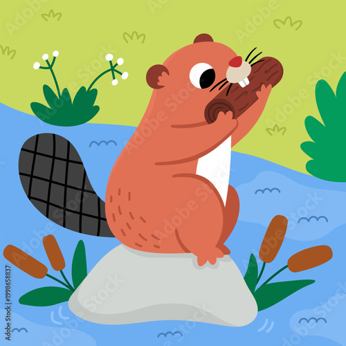 Square cartoon scene with beaver nibbling tree log, stream, reads. Forest background with cute cartoon animal. Nature woodland story book landscape for kids. Funny wildlife scenery