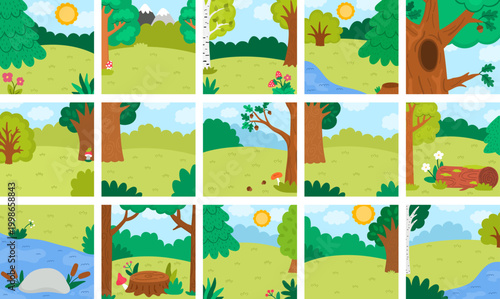 Cartoon forest backgrounds set. Empty nature woodland landscapes collection with trees, plants, stream, log, bushes. Wild thicket square scenes with anthill, mushrooms