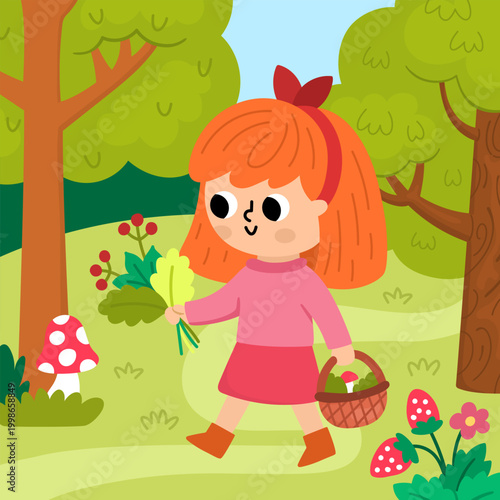 Square cartoon forest explorer background with cute kid. Nature woodland landscape with girl walking with basket and gathering leaves, mushrooms, berries. Wildlife scene with cute child