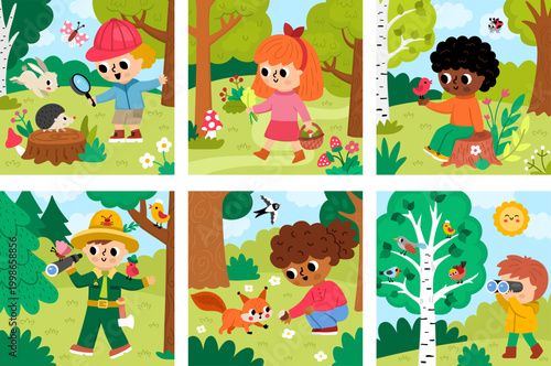 Square cartoon forest explorer backgrounds set with cute kids. Nature woodland landscapes collection with ranger and children feeding squirrel, birdwatching. Wildlife scenes with trees, plants, bird