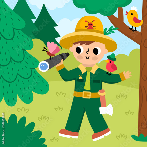 Square cartoon forest explorer background with cute forest ranger for kids. Nature woodland landscape with guard in green costume with bird, butterfly, spyglass. Wildlife scene with cute man