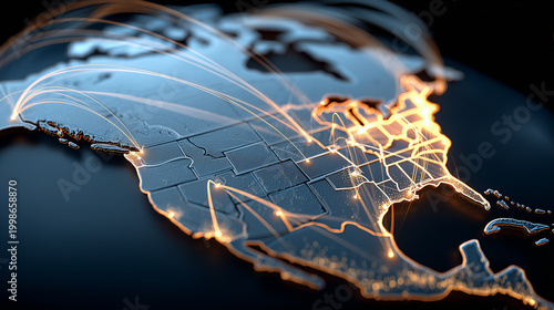 Digital map of North America with connecting routes representing communication networks, trade links, and regional connectivity.
