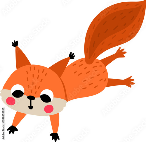 Vector cartoon jumping squirrel isolated on white background. Funny animalistic clipart. Cute forest animal icon for kids. Flat woodland element. Woods wildlife illustration