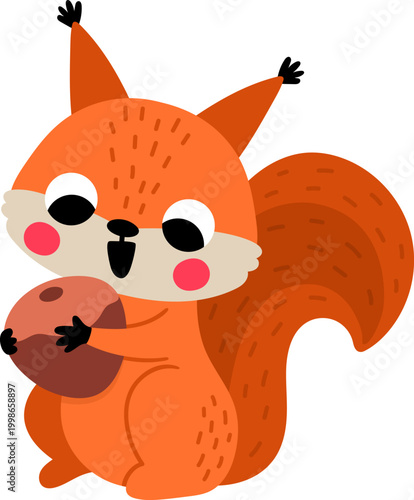Vector cartoon squirrel sitting with nut isolated on white background. Funny animalistic clipart. Cute forest animal icon for kids. Flat woodland element. Woods wildlife illustration