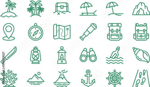 Collection of green linear icons featuring tropical exploration equipment and various nature elements for modern creative projects