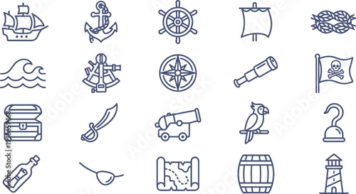 Slika na platnu Nautical themed vector icon set featuring essential pirate symbols and maritime