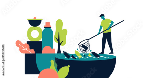 Eco Friendly Volunteer Cleaning Plastic Waste From Ocean Illustration