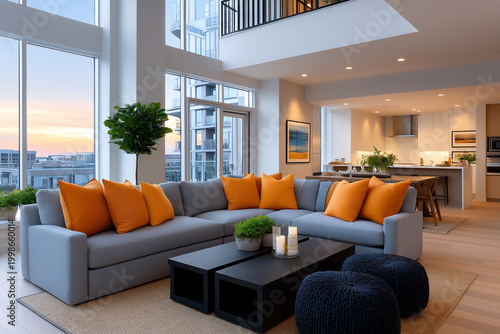Apartment living room loft interior twilight cityscape window features modern open plan space with sectional sofa, orange cushion, coffee table, kitchen, warm lighting, sunset skyline