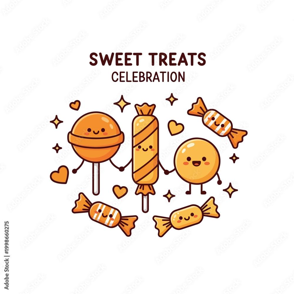 Naklejka premium A cute illustration of happy cartoon candies and sweets celebrating with hearts and stars, featuring a lollipop, wrapped candies, and a round sweet.
