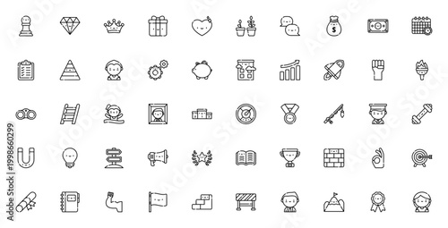 Motivation icon set. Vector illustration pack with symbols for goal, success, achievement, trophy, medal, podium, mountain, fitness and more.