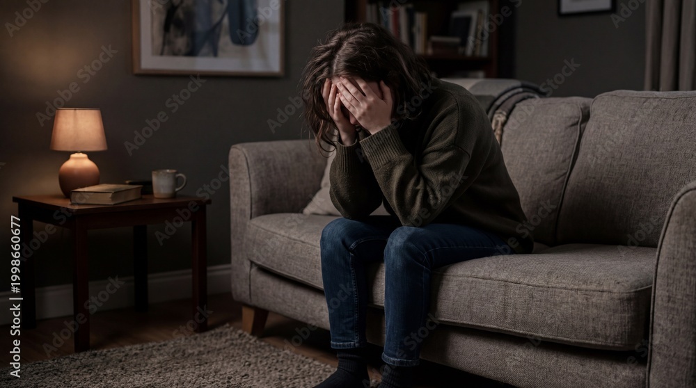 Obraz premium Depressed Young Woman Sitting Alone on Sofa at Home