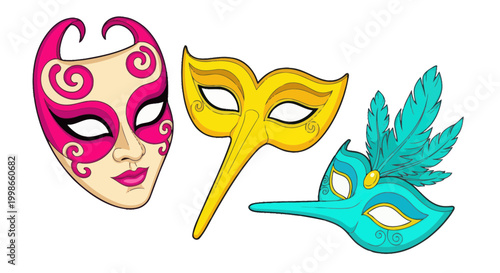 Collection of colorful masquerade masks: Venetian, carnival, party, costume, disguise