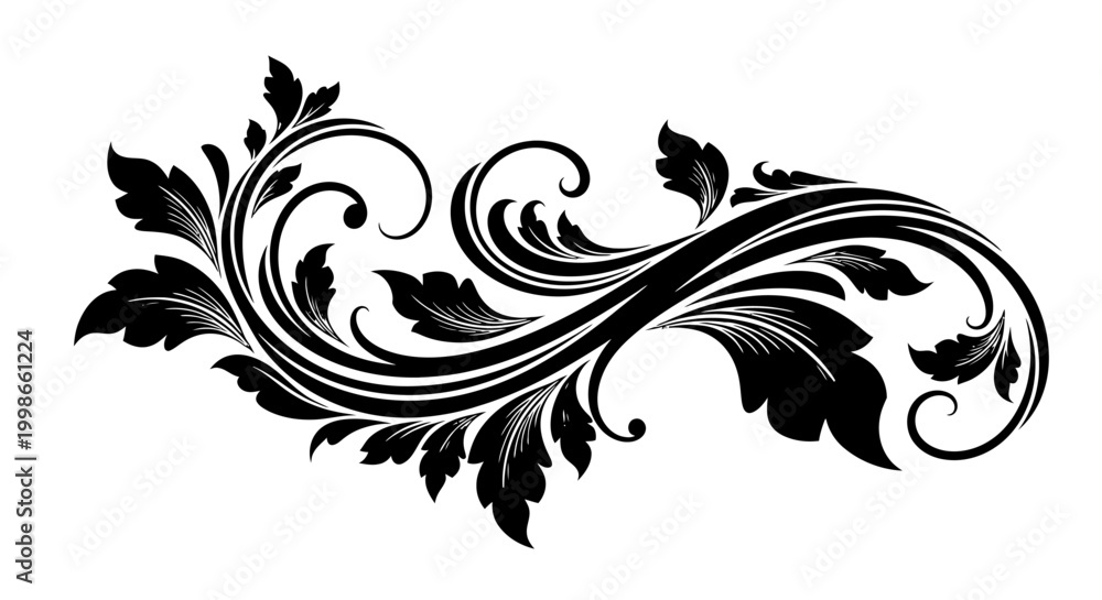 Fototapeta premium Elaborate Black Ornate Floral Scroll Design Element on Isolated White Background.