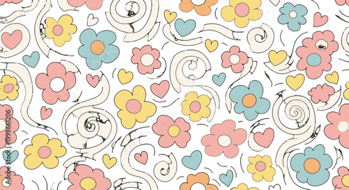 Cheerful Seamless Pattern with Colorful Cartoon Flowers, Hearts, and Swirls in Bright Studio
