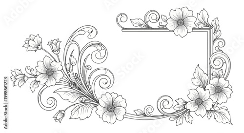 Black and White Ornate Floral Frame with Flowers Leaves and Scrolls on Isolated White Background.