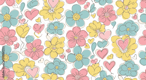 Seamless Pastel Cartoon Floral Pattern with Hearts and Flowers on Isolated White Background.