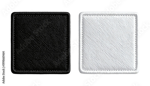 Two contrasting square black and white textured patches, featuring finely stitched edges, simulating a leather or fabric material, ideal for custom branding, labels, or decorative graphic elements 