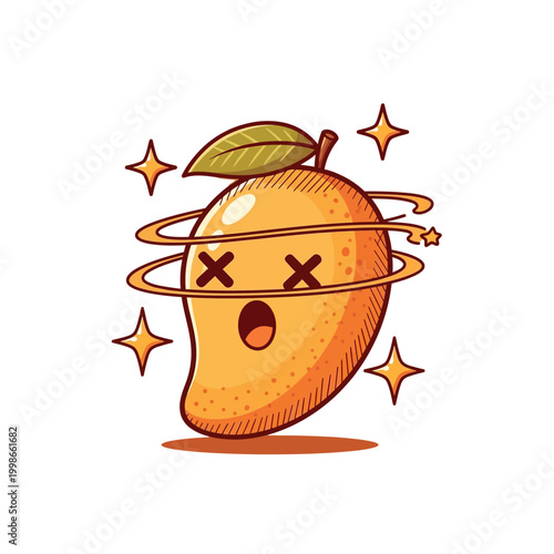 A cartoon mango character looking dizzy with X eyes, open mouth, swirling lines, and stars around it.