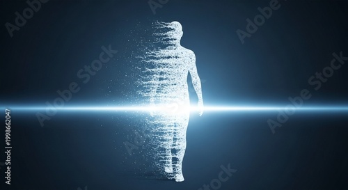 Human body dissolving into particles, representing transformation, disintegration, and artificial intelligence technology
