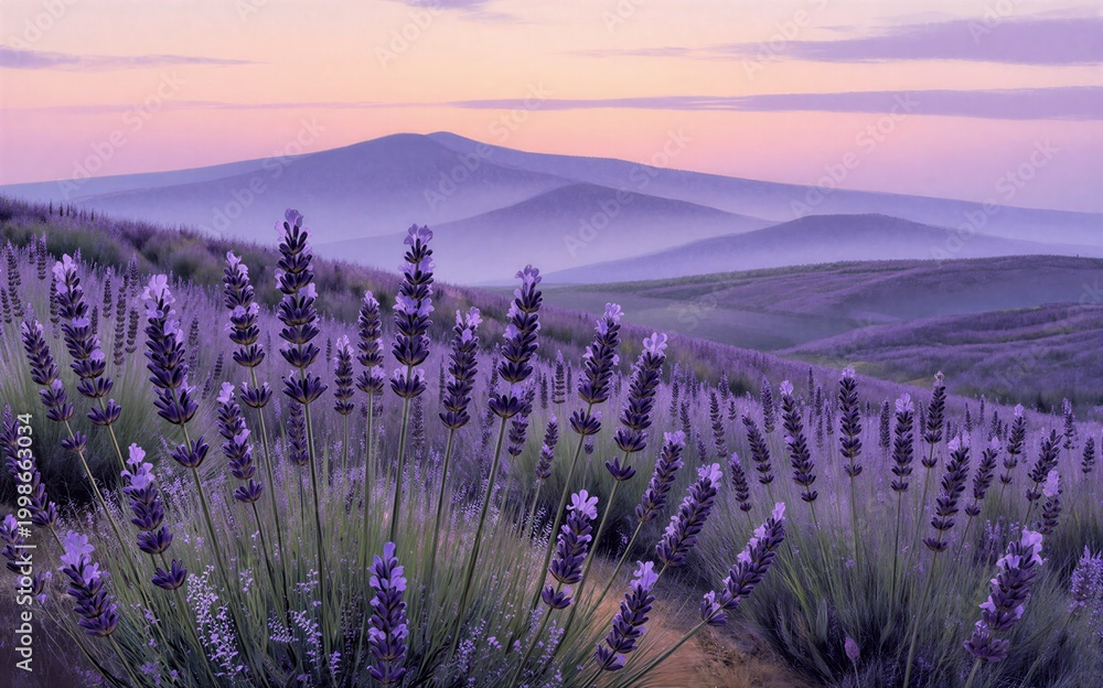 Obraz premium Purple lavender fields stretch under a soft pink and purple twilight
