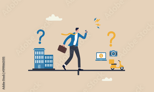 Side to money, decision or balance between gig economy and main office work, freelancer or salary man routine concept, businessman balance between main work and side hustle