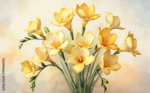Delicate yellow freesias bloom in soft light elegant and serene.