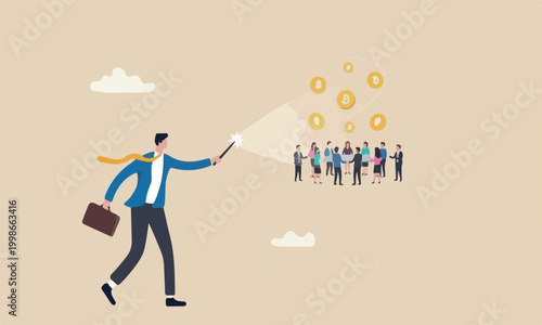 Stock market, rich like miracle concept, businessman investment wizard using magic wand to make stock price rising up