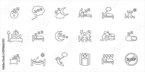sleep icon set. bedroom, rest, night, dream, nap and more. simple line vector