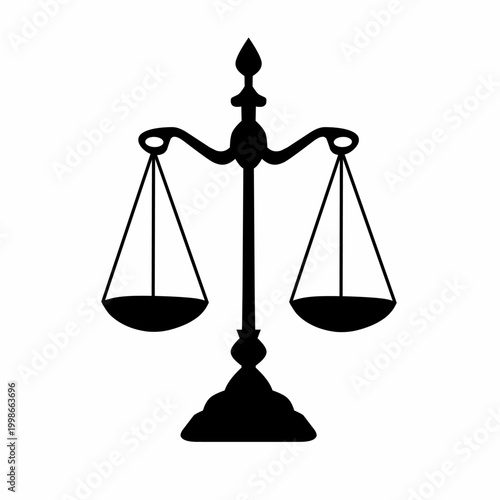Classic Scales of Justice Silhouette Icon: Symbol of Law, Equal Human Rights, Business Ethics, and a Balanced Criminal Justice System for Legality, Truth, and Integrity Concept Design.