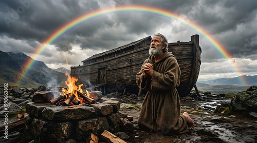 Elderly Man Praying by Ark Under Rainbow Hope After Storm Biblical Narrative