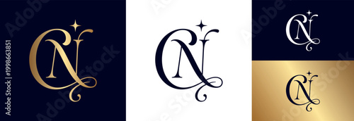 Sophisticated cn monogram logo design with star accents and ornamental flourishes.