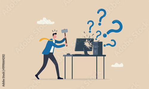 Chaos from problem or tech failure, stressful or anxiety from overworked or disappointment and mistake concept, frustrated businessman hitting to break computer with hammer