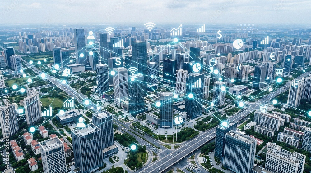 Fototapeta premium Connected Smart City Network Aerial View with Digital Data & Technology Icons