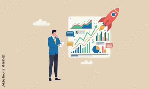Businessman big rocket analysis, economic and growth diagram, stock market exchange data, investment analysis, growth earning income concept, businessman thinking with data chart and graph