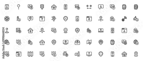 Maps and navigation icon set. Vector symbols for smartphone, pin, map, route, traffic light, house, chat, and more. Editable stroke.