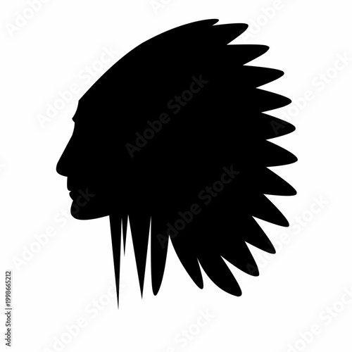 American Indian Chief Profile Silhouette with Traditional Feather Headdress: Minimalist Black Vector Illustration for Logo Design, Cultural Symbol, Native Heritage, and Iconic Warrior Icons.