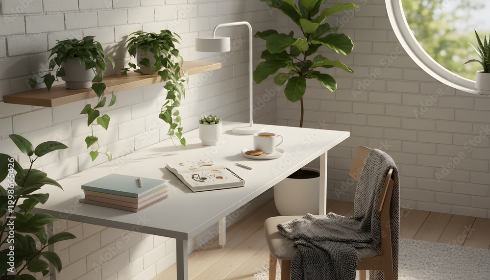 Fototapeta premium A serene workspace with a white desk, chair, and plants beside a large window