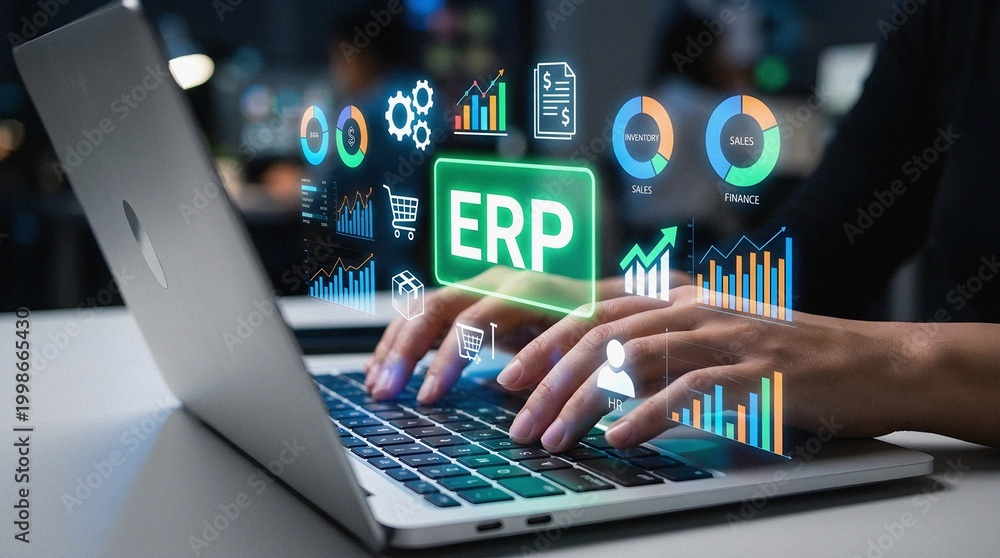 Obraz premium Person using ERP system for business management on a futuristic dashboard