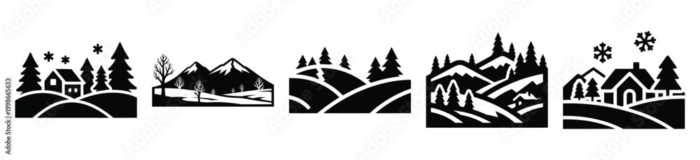 Obraz premium High quality winter landscape silhouette vector icon set. christmas isolated icons on white background Vector illustration.