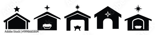 High quality bethlehem stable  silhouette vector icon set. christmas isolated icons on white background Vector illustration.