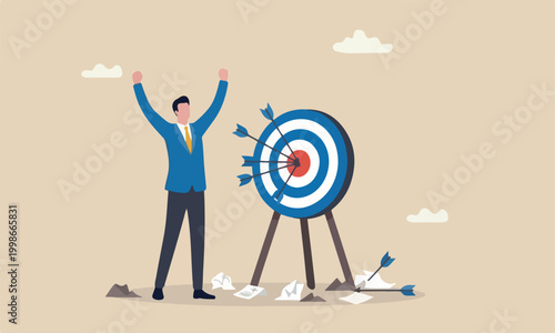 Effectiveness and efficiency to measure success rate, effort or cost to reach goal or target, practice until succeed concept, cheerful businessman finally hit target after too many unsuccessful tries.