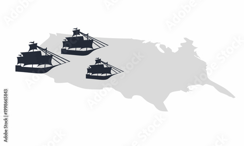 Vector Illustration of Silhouettes of Three Antique Sailing Ships on a Map of the United States: Historical Concept of Colonial Exploration, Early Maritime Expeditions, Trade, and the Discovery of New