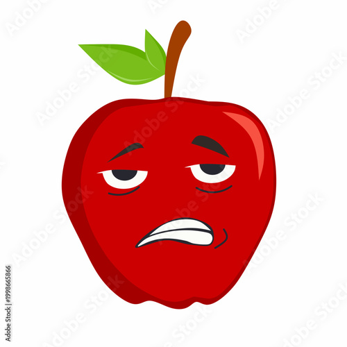 Red Apple Fruit Cartoon Vector Illustration with Bored Tired and Sleepy Facial Expression, Droopy Eyes, Cute Mascot Character Design for Social Media Emoticon Sticker, Isolated White Background Graphi