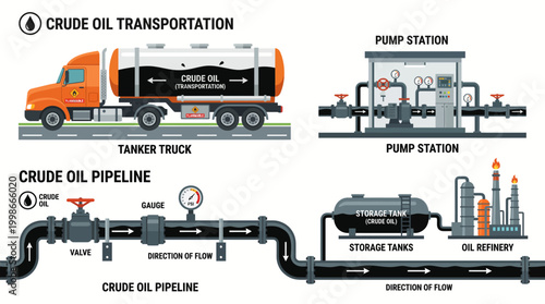 Industrial flow diagram illustrating the comprehensive process of crude oil transportation and
