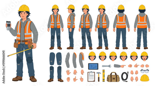 Vector illustration of a male construction worker with multiple poses and accessories for